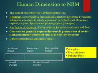  The issue of ecocentric view / anthropocentric view
 Resources : are productive functions and operations performed by tangible
substances when used to satisfy a given end or defined want. Resources
explicitly require objectives and planning agents (managers).
 Key factors of resources : Utility and scarcity and classes (stock and flow)
 Conservation generally requires decreases in present rates of use for
stock and carefully controlled rates of use for flow resources
 Is there something called scarcity value ?
Human Dimension to NRM
Human-Induced
Changes
Natural
Changes
No Human
Impact
Acceptable
Impact
Unacceptable
Impact
Principles :
• Precautionary
• Polluter Pays
 