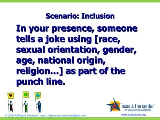Scenario: Inclusion In your presence, someone tells a joke using [race, sexual orientation, gender, age, national origin, religion…] as part of the punch line. 