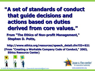“ A set of standards of conduct that guide decisions and actions based on duties derived from core values. ”   From "The Ethics of Non-profit Management," Stephen D. Potts,  http://www.ethics.org/resources/speech_detail.cfm?ID=821 (From "Creating a Workable Company Code of Conduct," 2003, Ethics Resource Center)  