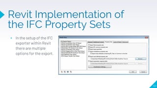 Revit Implementation of
the IFC Property Sets
▸ In the setup of the IFC
exporter within Revit
there are multiple
options for the export.
101
 