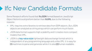 Some Research efforts found that ifcJSON format (based on JavaScript
Object Notion) could preform better than ifcXML due to the following
reasons:
▸ XML requires extra libraries to retrieve data from DOM objects ,But JSON
objects are analyzed as string arrays which can perform much faster.
▸ JSON data format supports high scalability and it creates more compact
models than XML.
▸ JSON is a key-value style lightweight data exchange format which is
independent of any programming language and unlike XML it is easy for
(1) machines to parse and generate while it is also (2) human readable.
Ifc New Candidate Formats
 