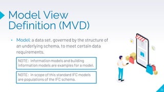 ▸ Model: a data set, governed by the structure of
an underlying schema, to meet certain data
requirements.
38
Model View
Definition (MVD)
NOTE: Information models and building
information models are examples for a model.
NOTE: In scope of this standard IFC models
are populations of the IFC schema.
 