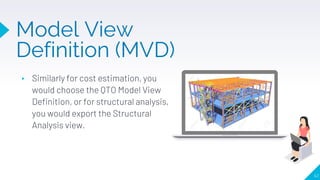 ▸ Similarly for cost estimation, you
would choose the QTO Model View
Definition, or for structural analysis,
you would export the Structural
Analysis view.
41
Model View
Definition (MVD)
 