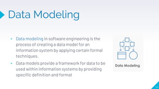 ▸ Data modeling in software engineering is the
process of creating a data model for an
information system by applying certain formal
techniques.
▸ Data models provide a framework for data to be
used within information systems by providing
specific definition and format
44
Data Modeling
 