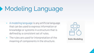 ▸ A modeling language is any artificial language
that can be used to express information or
knowledge or systems in a structure that is
defined by a consistent set of rules.
▸ The rules are used for interpretation of the
meaning of components in the structure.
45
Modeling Language
 