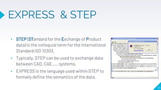 59
EXPRESS & STEP
▸ STEP (STandard for the Exchange of Product
data) is the colloquial term for the International
Standard ISO 10303.
▸ Typically, STEP can be used to exchange data
between CAD, CAE….. systems.
▸ EXPRESS is the language used within STEP to
formally define the semantics of the data.
 