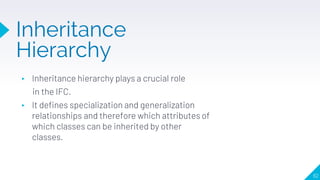 Inheritance
Hierarchy
62
▸ Inheritance hierarchy plays a crucial role
in the IFC.
▸ It defines specialization and generalization
relationships and therefore which attributes of
which classes can be inherited by other
classes.
 