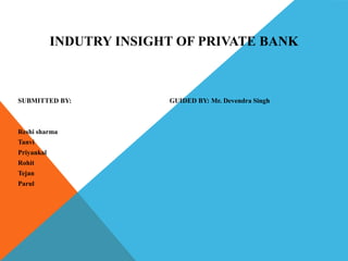 SUBMITTED BY: GUIDED BY: Mr. Devendra Singh
Reshi sharma
Tanvi
Priyankal
Rohit
Tejan
Parul
INDUTRY INSIGHT OF PRIVATE BANK
 