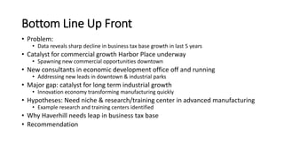 Bottom Line Up Front
• Problem:
• Data reveals sharp decline in business tax base growth in last 5 years
• Catalyst for commercial growth Harbor Place underway
• Spawning new commercial opportunities downtown
• New consultants in economic development office off and running
• Addressing new leads in downtown & industrial parks
• Major gap: catalyst for long term industrial growth
• Innovation economy transforming manufacturing quickly
• Hypotheses: Need niche & research/training center in advanced manufacturing
• Example research and training centers identified
• Why Haverhill needs leap in business tax base
• Recommendation
 