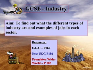 GCSE - Industry Aim: To find out what the different types of industry are and examples of jobs in each sector. Resources: U.G.G – P167 New UGG P180 Foundaton Wider World ~ P 105 