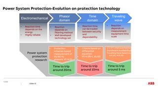 Power System Protection-Evolution on protection technology
| Slide 10
Electromechanical
Phasor
domain
Time
domain
Traveling
wave
• Reaction time
depends on the
energy
• Highly reliable
• Reaction
depends on
filtering method
• Well developed
technology set
• Reaction time
can be traded
between security
and
dependability
• Reaction
depends on
measurement
equipment time
scale
• Protection
schemes based
measurement of
50/60 Hz
phasors: Vf=V-ZI
• Criteria based on
differential
equation:
• Vf=V-(Ri+L di/dt)
CT/VT improvements+
(hardware Availability)
Travelling Wave Detection
ΔU1,ΔI1, ΔU2,ΔI2
Power system
protection
research
Time to trip
around 20ms
Time to trip
around 10ms
Time to trip
around 5 ms
 