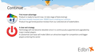 Continue ..
First mover advantage
Product is ready to launch now (in late stage of beta testing)
We have already invested over 30000 hours creating our solution
Product has garnered positive reviews from our selected set of stakeholders
A clear exit strategy
Technology will not become obsolete since it is continuously supported and upgraded by
major market players.
A substantial user base will make Edbrix an attractive target for competitors and bigger
players entering the sector
 