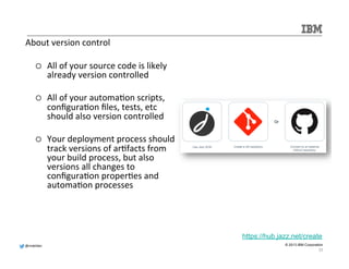 Faster 
and 
consistent 
applica.on 
environment 
deployments 
with 
full-­‐stack 
blueprints 
@mdelder 
Environment! 
Apps 
Platforms 
© 2013 IBM Corporation 
Developers/ 
Testers 
Integrators 
Describe software defined resources 
(Compute, Network, Storage) alongside 
middleware and applications! 
Specialists Compute, 
Network, 
and Storage 
Application 
Middleware Config 
Middleware 
OS Config 
Hardware 
Environment 
Blueprint 
Design Deploy 
Automate environment 
deployment using 
blueprints! 
34 
 