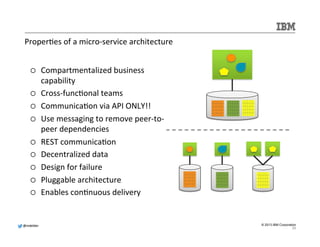@mdelder 
© 2013 IBM Corporation 
Moving 
from 
monolithic 
applica.ons 
to 
micro-­‐services 
40 
Monolithic app Micro services 
Scaling Scaling 
 