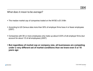 @@mmddeellddeerr 
© 2013 IBM Corporation 
What 
does 
it 
mean 
to 
be 
average? 
§ The median market cap of companies traded on the NYSE is $1.9 Bln 
§ According to US Census data more than 50% of employer firms have 4 or fewer employees 
(2007) 
§ Companies with 5K or more employees only make up about 0.03% of all employer firms (but 
account for about 1/3 of all employees) (2007) 
§ But regardless of market cap or company size, all businesses are competing 
under a very different set of market conditions than we knew even 5 or 10 
years ago 
4 
 