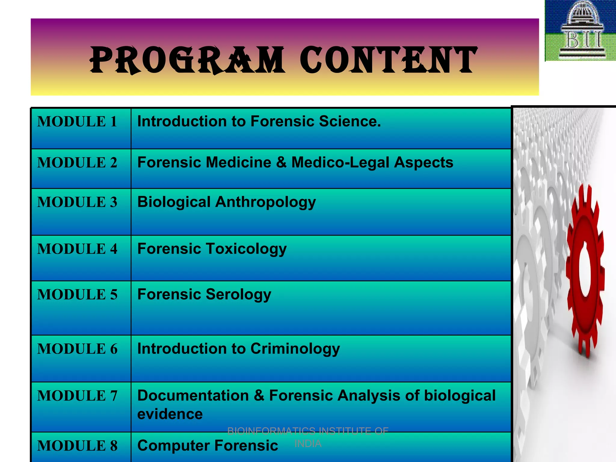 PROGRAM CONTENT BIOINFORMATICS INSTITUTE OF INDIA MODULE 1 Introduction to Forensic Science. MODULE 2 Forensic Medicine & Medico-Legal Aspects MODULE 3 Biological Anthropology MODULE 4 Forensic Toxicology MODULE 5 Forensic Serology MODULE 6 Introduction to Criminology MODULE 7 Documentation & Forensic Analysis of biological evidence MODULE 8 Computer Forensic 