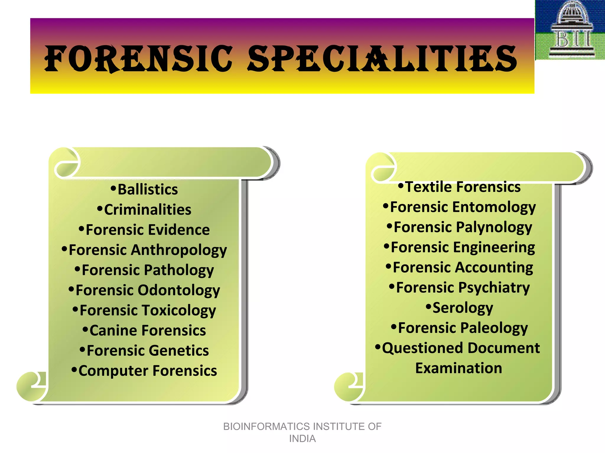 FORENSIC SPECIALITIES Ballistics Criminalities Forensic Evidence Forensic Anthropology Forensic Pathology Forensic Odontology Forensic Toxicology Canine Forensics Forensic Genetics Computer Forensics Textile Forensics Forensic Entomology Forensic Palynology Forensic Engineering Forensic Accounting Forensic Psychiatry Serology Forensic Paleology Questioned Document  Examination BIOINFORMATICS INSTITUTE OF INDIA 