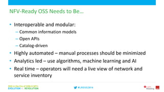 6
NFV-Ready OSS Needs to Be…
• Interoperable and modular:
– Common information models
– Open APIs
– Catalog-driven
• Highly automated – manual processes should be minimized
• Analytics led – use algorithms, machine learning and AI
• Real time – operators will need a live view of network and
service inventory
 