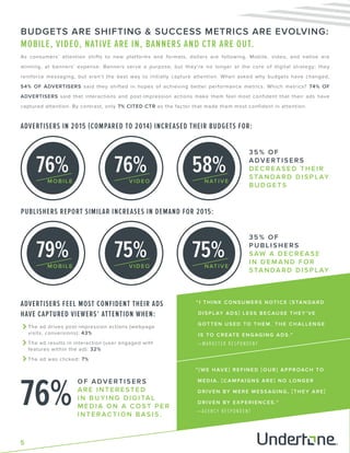 5
As consumers’ attention shifts to new platforms and formats, dollars are following. Mobile, video, and native are
winning, at banners’ expense. Banners serve a purpose, but they’re no longer at the core of digital strategy; they
reinforce messaging, but aren’t the best way to initially capture attention. When asked why budgets have changed,
54% OF ADVERTISERS said they shifted in hopes of achieving better performance metrics. Which metrics? 74% OF
ADVERTISERS said that interactions and post-impression actions make them feel most confident that their ads have
captured attention. By contrast, only 7% CITED CTR as the factor that made them most confident in attention.
35% OF
ADVERTISER S
DECREASED T HE I R
STANDARD D I SPL AY
BUDGETS
35% OF
PUBLISHERS
SAW A DEC R E ASE
IN DEMAND FO R
STANDARD D I SPL AY
ADVERTISERS IN 2015 (COMPARED TO 2014) INCREASED THEIR BUDGETS FOR:
PUBLISHERS REPORT SIMILAR INCREASES IN DEMAND FOR 2015:
76%
ADVERTISERS FEEL MOST CONFIDENT THEIR ADS
HAVE CAPTURED VIEWERS’ ATTENTION WHEN:
OF ADVERTISERS
ARE INTERESTED
IN BUYING DIGITAL
MEDIA ON A COST PER
INTERACTION BASIS.
The ad drives post-impression actions (webpage
visits, conversions): 43%
The ad results in interaction (user engaged with
features within the ad): 32%
The ad was clicked: 7%
BUDGETS ARE SHIFTING & SUCCESS METRICS ARE EVOLVING:
MOBILE, VIDEO, NATIVE ARE IN, BANNERS AND CTR ARE OUT.
MOBILE
76%
MOBILE
79%
VIDEO
76%
VIDEO
75%
NATIVE
58%
NATIVE
75%
“I THINK CONSUMERS NOTICE [STANDARD
DISPLAY ADS] LESS BECAUSE THEY’VE
GOTTEN USED TO THEM. THE CHALLENGE
IS TO CREATE ENGAGING ADS.”
“[WE HAVE] REFINED [OUR] APPROACH TO
MEDIA. [CAMPAIGNS ARE] NO LONGER
DRIVEN BY MERE MESSAGING, [THEY ARE]
DRIVEN BY EXPERIENCES.”
—MARKETER RESPONDENT
—AGENCY RESPONDENT
 