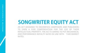 I N D U S T R Y & R E G U L A T I O N S 
SONGWRITER EQUITY ACT 
AN ACT DESIGNED TO ENCOMPASS COMPOSERS AND PUBLISHERS 
TO EARN A FAIR COMPENSATION FOR THE USE OF THEIR 
INTELLECTUAL PROPERTY. THE ACT IS AIMING TO PUT MECHANICAL 
AND PERFORMANCE ROYALTY RATES IN LINE WITH “FAIR MARKET 
RATES. 
 