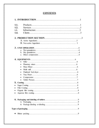 CONTENTS
1. INTRODUCTION…………………………………………………1
1.1. Products………………………………………………………1
1.2. Services…………………………………………………….....1
1.3. Infrastructure……………………………………………….…3
1.4. Clients…………………………………………………………3
2. PRODUCTION SECTION…………………………………………3
A. Active Ingredients…………………………………………………….3
B. Non active Ingredient……………………………………………….. 3
3. UNIT OPERATION…………………………………………………………...4
a. Wet granulation………………………………………………………….4
b. Dry granulation…………………………………………………………..4
c. Direct compression……………………………………………………....4
4. EQUIPMENTS……………………………………………………………6
 Sifter …………………………………………………………………6
 Planetary mixer……………………………………………………….6
 Mass Mixer……………………………………………………………6
 Multi mill……………………………………………………………..6
 Fluidized bed dryer……………………………………………………6
 Tray Dryer…………………………………………………………….6
 Compression…………………………………………………………..7
 Tablet Presses…………………………………………………………7
5. Coating………………………………………………………………………..8
 Sugar Coating………………………………………………………………….8
 Film Coating…………………………………………………………………...8
 Organic film coating……………………………………………………………8
 Aqueous film coating…………………………………………………………...8
6. Packaging and labeling of tablets……………………………………………9
A. Packaging……………………………………………………………….9
B. Package labeling or labeling……………………………………………9
Types of packaging……………………………………………………………………9
 Blister packing………………………………………………………………….9
 