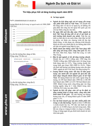 Ngành Du lịch và Giải trí

                                   Tín hiệu phục hồi và tăng trưởng mạnh năm 2010

                                                                                         Sơ lược ngành
             Nguồn: vietnamtourism.gov.vn; gso.gov.vn
                                                                   Ngành du lịch đóng một vai trò trọng yếu trong
             Lượng khách du lịch trong và ngoài nước từ 1990-2009   việc phát triển kinh tế Việt Nam. Với doanh thu
             (1000 lượt)                                            lớn hàng năm về nội tệ và ngoại tệ, nó không chỉ
                                                                    góp phần làm tăng dự trữ ngoại hối quốc gia mà
                                                                    còn tạo thêm công ăn việc làm.
Vietnam




                                                                   Từ ngày Đổi mới lần đầu năm 1986, ngành du
                                                                    lịch Việt Nam đã thay đổi rõ rệt về mô hình và
                                                                    môi trường kinh doanh của mình. Tiếp thu các
                                                                    dịch vụ hiện đại từ các nước khác, khai thác lợi thế
                                                                    tự nhiên, cải thiện các chương trình để thu hút
                                                                    khách hàng, và tận dụng các chương trình khuyến
                                                                    khích du lịch của chính phủ là các hướng phát triển
                                                                    nổi bật của ngành trong thập kỷ qua.
                                                                   Nhiều danh lam thắng cảnh Việt Nam được biết
                                                                    đến rộng rãi trong nước cũng như quốc tế, như
                                                                    Đồ Sơn, Sầm Sơn, Sapa, Vịnh Hạ Long, và vịnh
             Cơ cấu thị trường theo dạng sở hữu                     Nha Trang.
             (Tổng cộng 758 đơn vị)
                                                                   Đây là một ngành có tốc độ tăng trưởng nhanh.
                                                                    Doanh thu từ 1.350 tỉ đồng năm 1990 tăng lên
                                                                    70,000 tỉ đồng năm 2009 phản ánh tỉ lệ tăng trung
                                                                    bình hàng năm là 123%. Tăng trưởng doanh thu
                                                                    trung bình giai đoạn 2001-2009 là 16.6%. Thậm
                                                                    chí dưới ảnh hưởng của khủng hoảng toàn cầu năm
                                                                    2009, ngành du lịch Việt Nam vẫn tăng trưởng 8%.
                                                                   Lượng khách trong nước vẫn duy trì tầm quan
                                                                    trọng của mình đối với ngành du lịch khi vẫn
                                                                    luôn được khuyến khích khách quốc tế tới Việt
                                                                    Nam. Số lượng khách du lịch nước ngoài tăng ấn
                                                                    tượng, từ 250 lượt khách năm 1990 lên 2.140.100
             Cơ cấu thị trường theo vùng địa lý                     lượt khách năm 2000 và 4.253.740 lượt khách năm
             (Tổng cộng 758 đơn vị)                                 2008. Khách trong nước cũng đóng góp vào tăng
                                                                    trưởng ngành, tăng từ 1 triệu khách trong năm
                                                                    1990 lên 20,5 triệu vào năm 2008.
                                                                   Ngành du lịch rất nhạy cảm với sự ổn định và
                                                                    tăng trưởng kinh tế trong nước, cũng như tình
                                                                    hình kinh tế thế giới. Do ảnh hưởng của khủng
www.phs.vn




                                                                    hoảng toàn cầu, số lượng khách quốc tế năm 2009
                                                                    giảm 11.3%.
                                                                   Các hộ kinh doanh quy mô nhỏ chiếm phần lớn
                                                                    trong cơ cấu thị trường. Ngành có hơn 11,000 đơn
                                                                    vị kinh doanh lưu trú, 758 nhà vận hành du lịch
                                                                    quốc tế, và 10.000 công ty du lịch trong nước. Hầu
                                                                    hết các công ty ở dạng tư nhân và công ty cổ phần.
                                                                    Cũng có hàng ngàn hộ gia đình kinh doanh du lịch
                                                                    trên toàn quốc.




               Bảng báo cáo này chỉ cung cấp thông tin mang tính chất tham khảo. Khách hàng phải chịu trách nhiệm với quyết định đầu tư của mình.
 