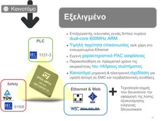 10
● Επεξεργαστής τελευταίας γενιάς διπλού πυρήνα
dual-core 600MHz ARM
● Υψηλή ταχύτητα επικοινωνίας rack χάρη στο
ενσωματωμένο Ethernet
● Εγγενή χαρακτηριστικά PAC ασφάλειας
● Παρακολούθηση σε πραγματικό χρόνο της
ακεραιότητας του πλήρους συστήματος
● Καινοτόμα μηχανική & ηλεκτρονική σχεδίαση για
υψηλή αντοχή σε EMC και περιβαλλοντικές συνθήκες
Τεχνολογία αιχμής
που διευκολύνει την
εφαρμογή της λύσης
εξοικονόμησης
ενέργειας
Struxureware
Εξελιγμένο
Ethernet & Web
1131-3
PLC
Safety
61508
Καινοτόμο
 