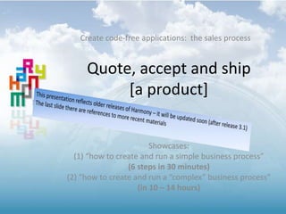 Create code-free applications: the sales process 
Quote, accept and ship 
[a product] 
Showcases: 
(1) “how to create and run a simple business process” 
(6 steps in 30 minutes) 
(2) “how to create and run a “complex” business process” 
(in 10 – 14 hours) 
 