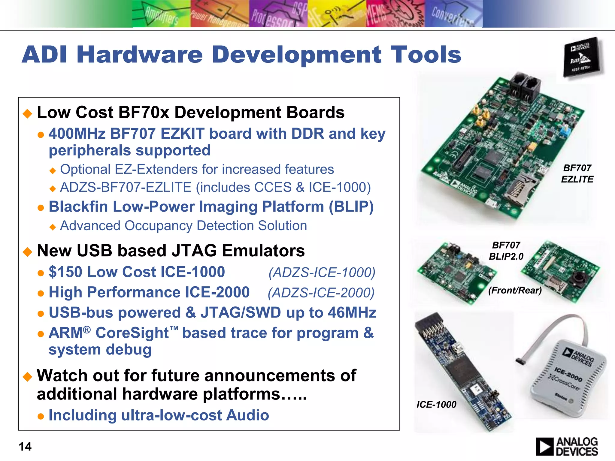 ADI Hardware Development Tools
14
 Low Cost BF70x Development Boards
 400MHz BF707 EZKIT board with DDR and key
peripherals supported
 Optional EZ-Extenders for increased features
 ADZS-BF707-EZLITE (includes CCES & ICE-1000)
 Blackfin Low-Power Imaging Platform (BLIP)
 Advanced Occupancy Detection Solution
 New USB based JTAG Emulators
 $150 Low Cost ICE-1000 (ADZS-ICE-1000)
 High Performance ICE-2000 (ADZS-ICE-2000)
 USB-bus powered & JTAG/SWD up to 46MHz
 ARM® CoreSight™ based trace for program &
system debug
 Watch out for future announcements of
additional hardware platforms…..
 Including ultra-low-cost Audio
BF707
EZLITE
ICE-1000
BF707
BLIP2.0
(Front/Rear)
 