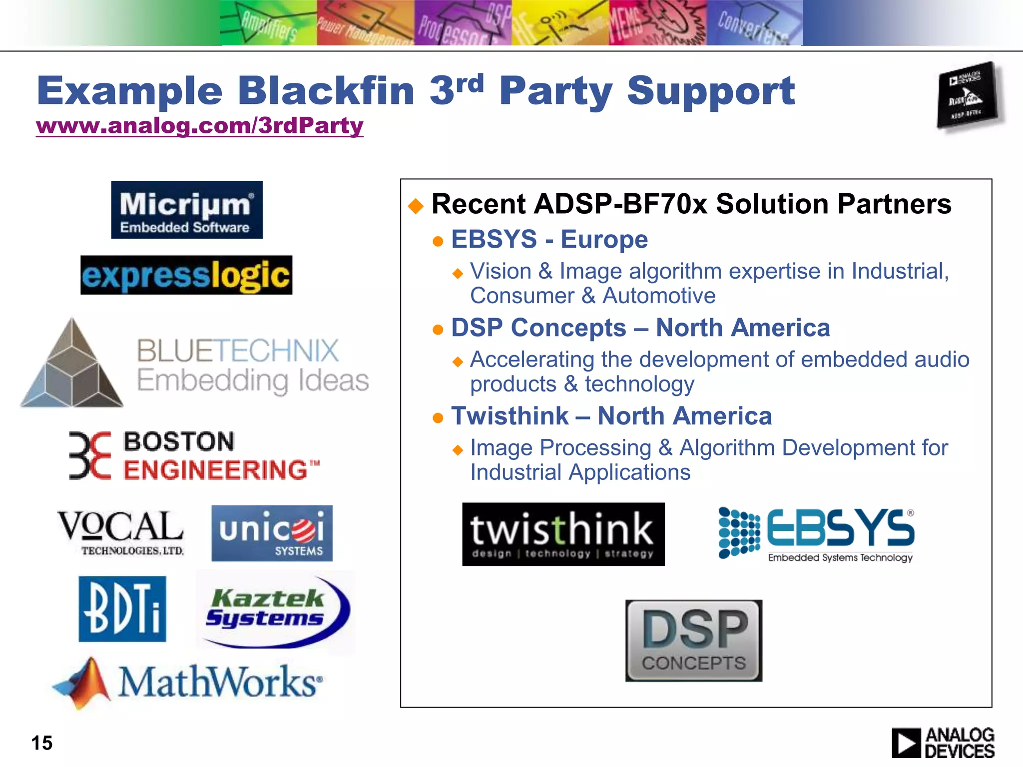 Example Blackfin 3rd Party Support
www.analog.com/3rdParty
 Recent ADSP-BF70x Solution Partners
 EBSYS - Europe
 Vision & Image algorithm expertise in Industrial,
Consumer & Automotive
 DSP Concepts – North America
 Accelerating the development of embedded audio
products & technology
 Twisthink – North America
 Image Processing & Algorithm Development for
Industrial Applications
15
 