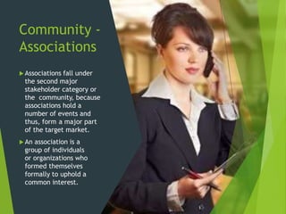 Community -
Associations
 Associations fall under
the second major
stakeholder category or
the community, because
associa...