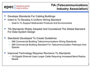 16
TIA (Telecommunications
Industry Association)
 Develops Standards For Cabling Buildings
 Intent Is To Develop A Uniform Wiring Standard
– Goal Is To Support Multivendor Products And Environments
 TIA Standards Widely Adopted And Considered The Global Standard
For Data System Design
 Standards Developed To Create Guidelines
– 568 Commercial Building Telecommunications Wiring Standards
– 569 Commercial Building Standard For Telecommunication Pathways And
Spaces
 Improved Technology Requires Revisions To Standards
– 10-Gigabit Ethernet Uses Larger Cable Requiring Increased Bend Radius
Needs
 