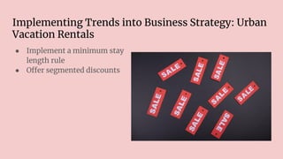 Implementing Trends into Business Strategy: Urban
Vacation Rentals
● Implement a minimum stay
length rule
● Offer segmented discounts
 