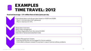 EXAMPLES
TIME TRAVEL: 2012
Food and beverage – 1.7+ million liters of dairy/juice per day
14
• Centralized plant controls per plant based on ISA95 and ISA88
• Plant 1: Concentrators (IIoT gateways)
• Plant 2: Siemens S7-417s
• Redundant historians
• Batch data management
• Profibus diagnostics from the central SCADA
• Data lake of sensor/process/batch data
• Utilities Management System
• Log everything that can be logged for future analytics
• Controlled rundowns instead of surprises in case of central utilities problems
Copyright © 2019 Accenture. All rights reserved.
 