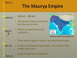 2500 B.C.
1608 A.D.
1500 B.C.
500 B.C.
500 A.D
The Maurya Empire
• 321 B.C. - 185 B.C.
• Chandraguta Maurya founded
the Maurya Dynasty
• Empire enjoyed peace and
prosperity
• There were irrigation systems and maintained roads
• Asoka, Chandragupta’s grandson, was a harsh ruler,
fought many wars
• Asoka Converted to Buddhism
Maurya Empire during 265 B.C.
 