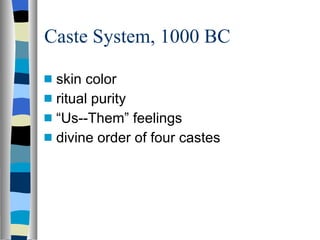 Caste System, 1000 BC skin color ritual purity “ Us--Them” feelings divine order of four castes 
