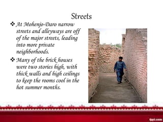 Streets
At Mohenjo-Daro narrow
streets and alleyways are off
of the major streets, leading
into more private
neighborhoods.
Many of the brick houses
were two stories high, with
thick walls and high ceilings
to keep the rooms cool in the
hot summer months.
 