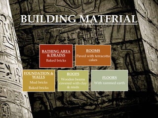 
BUILDING MATERIAL
BATHING AREA
& DRAINS
Baked bricks
ROOMS
Paved with terracotta
cakes
FOUNDATION &
WALLS
Mud bricks
Baked bricks
ROOFS
Wooden beams
covered with clay
& reeds
FLOORS
With rammed earth
 