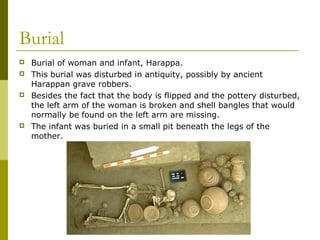 Burial
 Burial of woman and infant, Harappa.
 This burial was disturbed in antiquity, possibly by ancient
Harappan grave robbers.
 Besides the fact that the body is flipped and the pottery disturbed,
the left arm of the woman is broken and shell bangles that would
normally be found on the left arm are missing.
 The infant was buried in a small pit beneath the legs of the
mother.
 