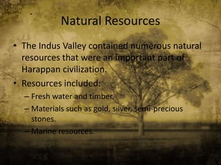 Natural Resources
• The Indus Valley contained numerous natural
resources that were an important part of
Harappan civilization.
• Resources included:
– Fresh water and timber.
– Materials such as gold, silver, semi-precious
stones.
– Marine resources.

 