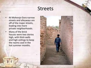 Streets
• At Mohenjo-Daro narrow
streets and alleyways are
off of the major streets,
leading into more
private neighborhoods.
• Many of the brick
houses were two stories
high, with thick walls
and high ceilings to keep
the rooms cool in the
hot summer months.

 