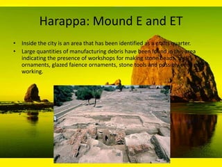 Harappa: Mound E and ET
• Inside the city is an area that has been identified as a crafts quarter.
• Large quantities of manufacturing debris have been found in this area
indicating the presence of workshops for making stone beads, shell
ornaments, glazed faience ornaments, stone tools and possibly even gold
working.

 