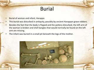 Burial
•
•
•

•

Burial of woman and infant, Harappa.
This burial was disturbed in antiquity, possibly by ancient Harappan grave robbers.
Besides the fact that the body is flipped and the pottery disturbed, the left arm of
the woman is broken and shell bangles that would normally be found on the left
arm are missing.
The infant was buried in a small pit beneath the legs of the mother.

 