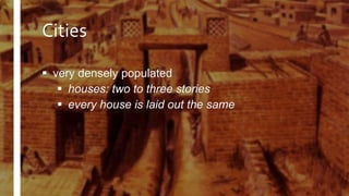 Cities
 very densely populated
 houses: two to three stories
 every house is laid out the same
 