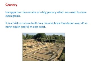 Granary
Harappa has the remains of a big granary which was used to store
extra grains.
It is a brick structure built on a massive brick foundation over 45 m
north-south and 45 m east-west.
 