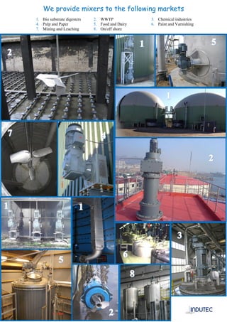 We provide mixers to the following markets
1. Bio substrate digesters 2. WWTP 3. Chemical industries
4. Pulp and Paper 5. Food and Dairy 6. Paint and Varnishing
7. Mining and Leaching 8. On/off shore
 