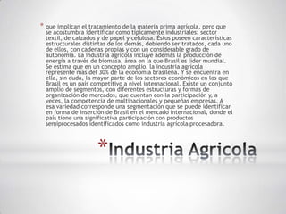 * que implican el tratamiento de la materia prima agrícola, pero que
  se acostumbra identificar como típicamente industriales: sector
  textil, de calzados y de papel y celulosa. Éstos poseen características
  estructurales distintas de los demás, debiendo ser tratados, cada uno
  de ellos, con cadenas propias y con un considerable grado de
  autonomía. La industria agrícola incluye además la producción de
  energía a través de biomasa, área en la que Brasil es líder mundial.
  Se estima que en un concepto amplio, la industria agrícola
  represente más del 30% de la economía brasileña. Y se encuentra en
  ella, sin duda, la mayor parte de los sectores económicos en los que
  Brasil es un país competitivo a nivel internacional. Existe un conjunto
  amplio de segmentos, con diferentes estructuras y formas de
  organización de mercados, que cuentan con la participación y, a
  veces, la competencia de multinacionales y pequeñas empresas. A
  esa variedad corresponde una segmentación que se puede identificar
  en forma de inserción de Brasil en el mercado internacional, donde el
  país tiene una significativa participación con productos
  semiprocesados identificados como industria agrícola procesadora.




                     *
 