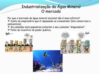 Industrialização da Água Mineral
                      O mercado
Por que o mercado de água mineral nacional não é mais efetivo?
 Custo do empresário que é repassado ao consumidor (leis comerciais e
ambientais),
 As camadas mais populares acharem o seu consumo “dispensável”.
 Falta de incentivo do poder publico.
 