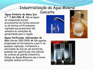 Industrialização da Água Mineral
                         Conceito
Águas Potáveis de Mesa (Lei
n.º 7.841/45)  São as águas
de composição normal,
provenientes de fontes naturais
ou de fontes artificialmente
captadas que preencham tão
somente as condições de
potabilidade para a região.
Águas Purificadas Adicionadas de
Sais (Anvisa 309/1999)  São aquelas
preparadas artificialmente a partir de
qualquer captação, tratamento e
adicionada de sais de uso permitido,
podendo ser gaseificada com dióxido
de carbono de padrão alimentício.
Código de Águas Minerais usa o termo
soluções salinas artificiais.
 