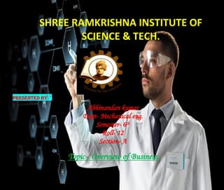 SHREE RAMKRISHNA INSTITUTE OF
SCIENCE & TECH.
PRESENTED BY:~
Abhinandan kumar
Dept- Mechanical eng.
Semester- 6th
Roll- 12
Section- A
Topic- Overview of Business
 
